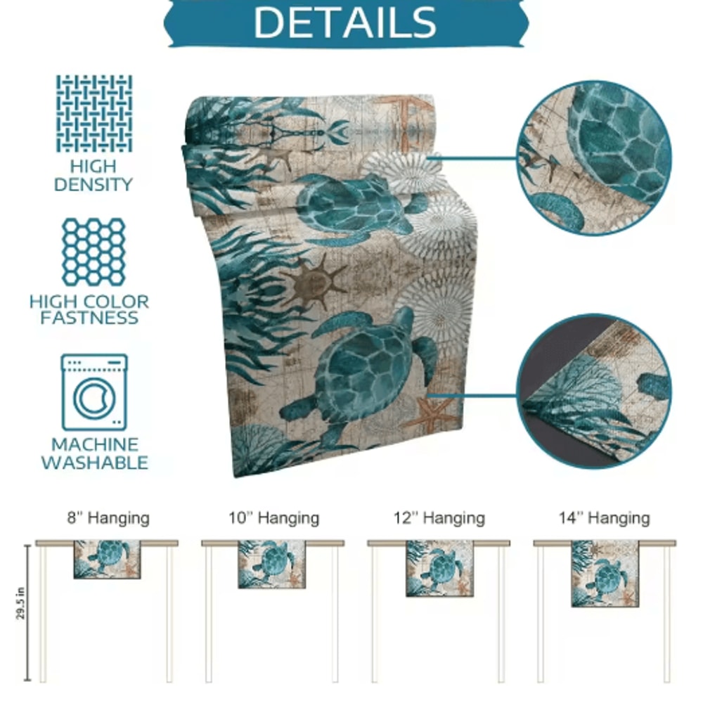 Nautical Sea Turtle Starfish Linen Table Runner Coastal Beach House Table Decor 2