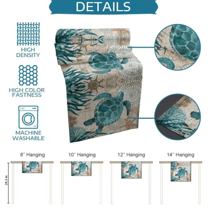 Nautical Sea Turtle Starfish Linen Table Runner Coastal Beach House Table Decor 2