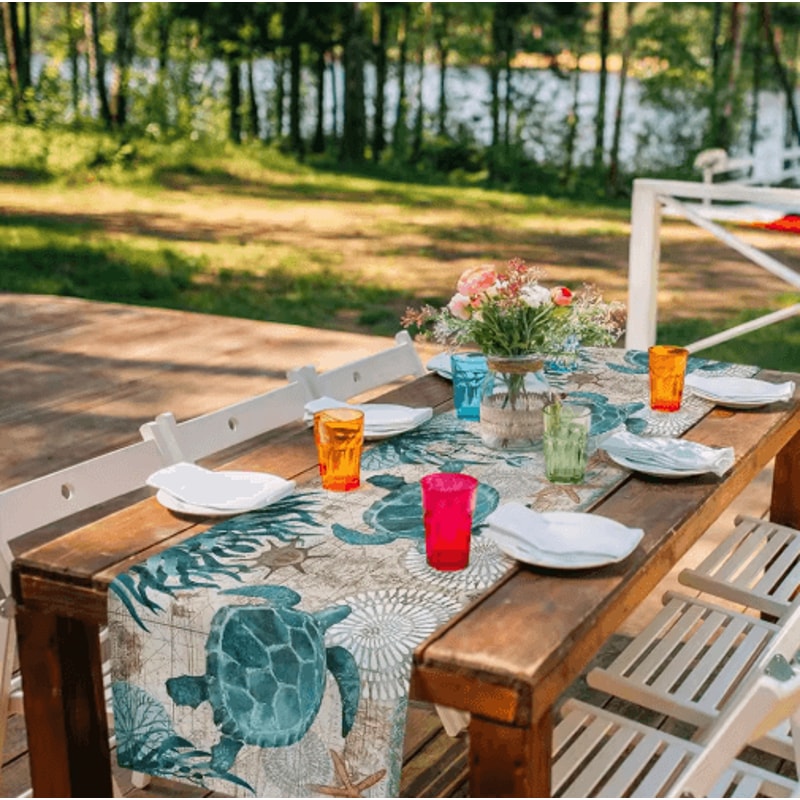 Nautical Sea Turtle Starfish Linen Table Runner Coastal Beach House Table Decor 4