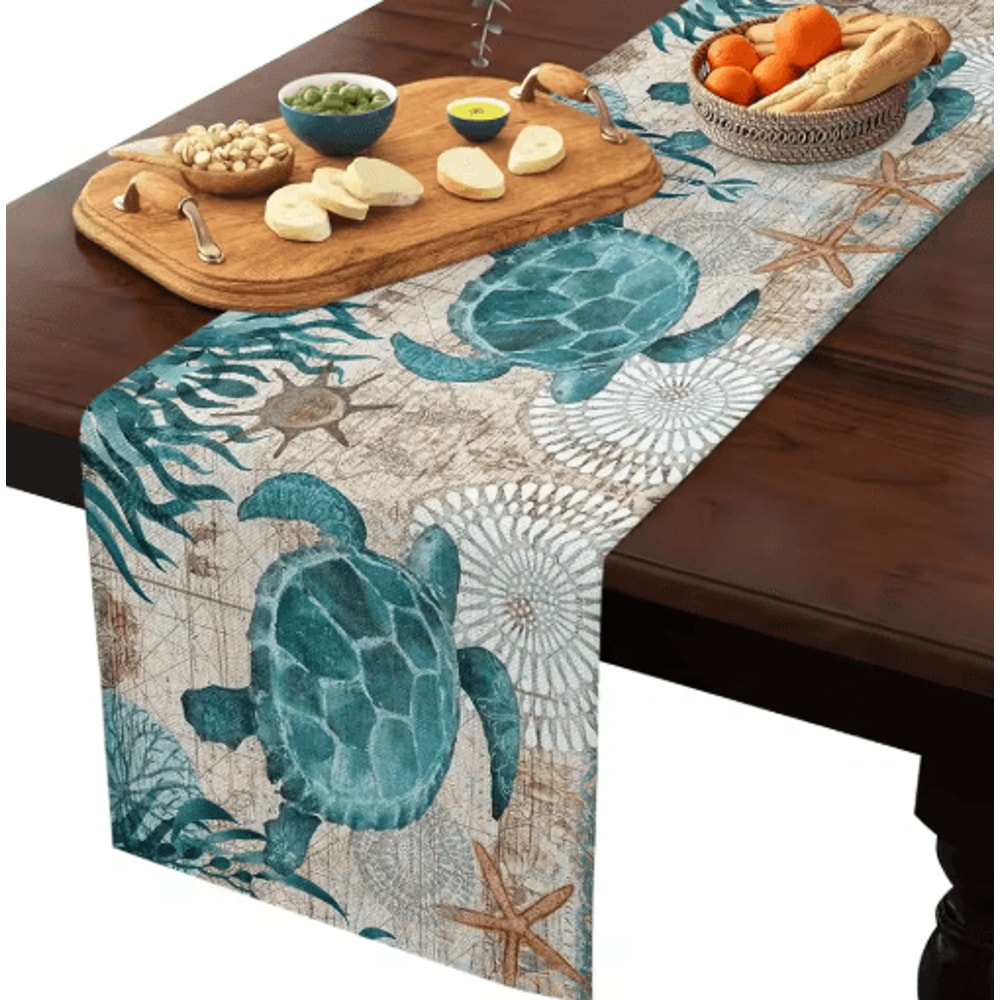 Nautical Sea Turtle Starfish Linen Table Runner Coastal Beach House Table Decor 5