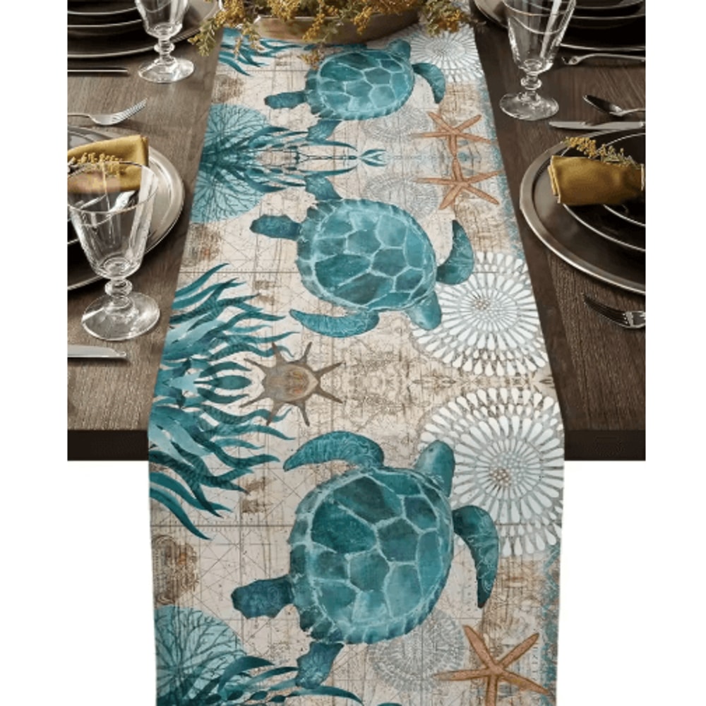 Nautical Sea Turtle Starfish Linen Table Runner Coastal Beach House Table Decor 0
