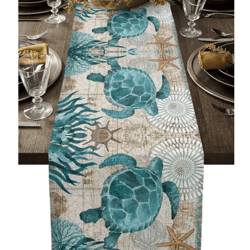 nautical sea turtle & starfish linen table runner – coastal beach house table decor