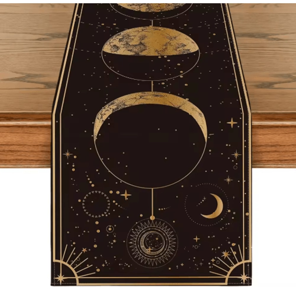 Astrology Moon Phase Linen Table Runner Mystical Gothic Celestial Dining Decor 1