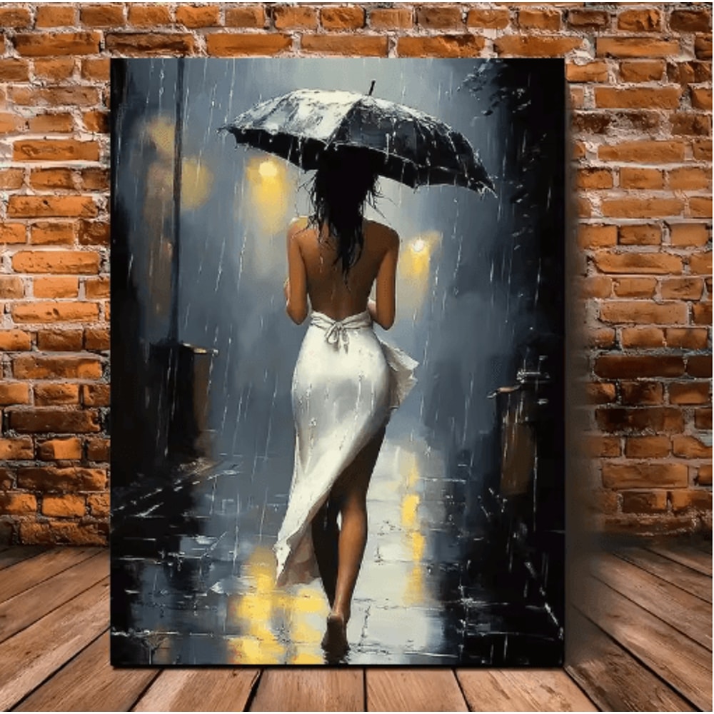 Elegant Romantic Rainy Night Canvas Wall Art Framed Umbrella Street Scene Decor 1