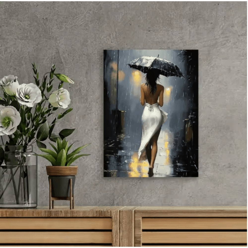 Elegant Romantic Rainy Night Canvas Wall Art Framed Umbrella Street Scene Decor 3