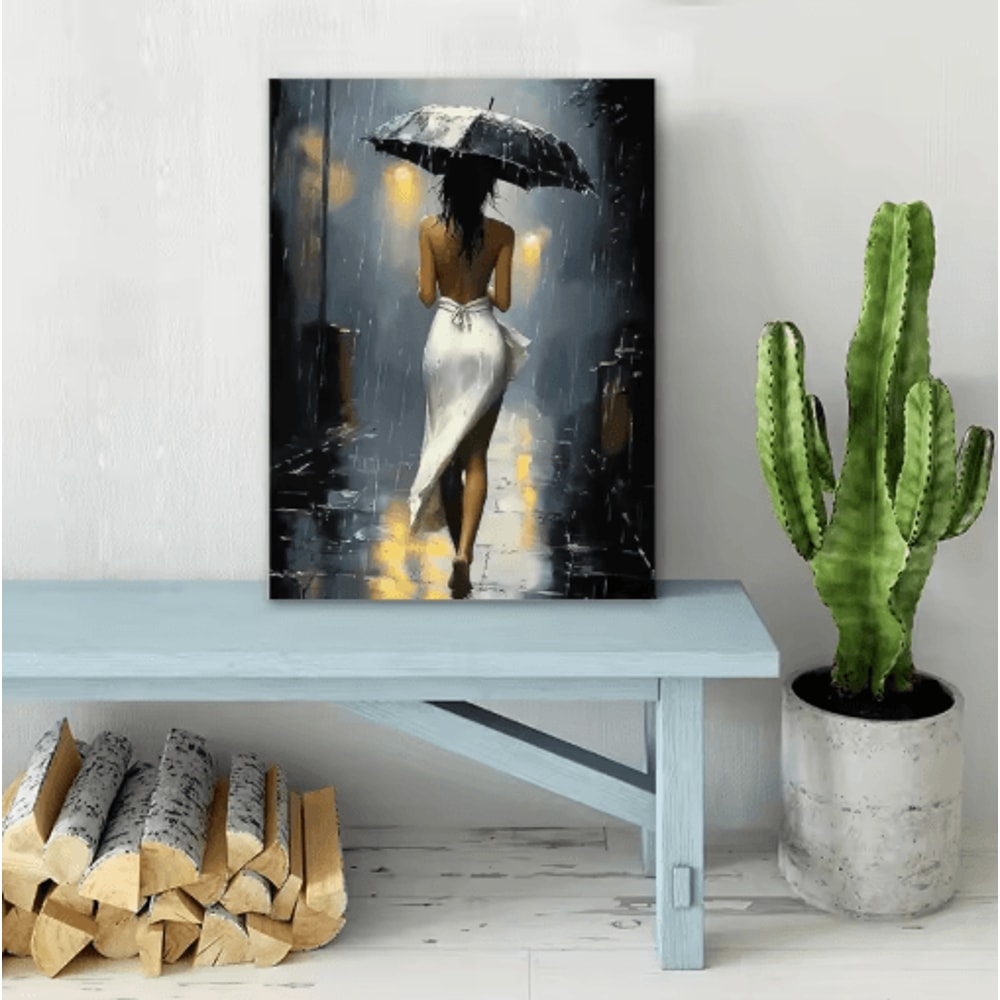 Elegant Romantic Rainy Night Canvas Wall Art Framed Umbrella Street Scene Decor 4