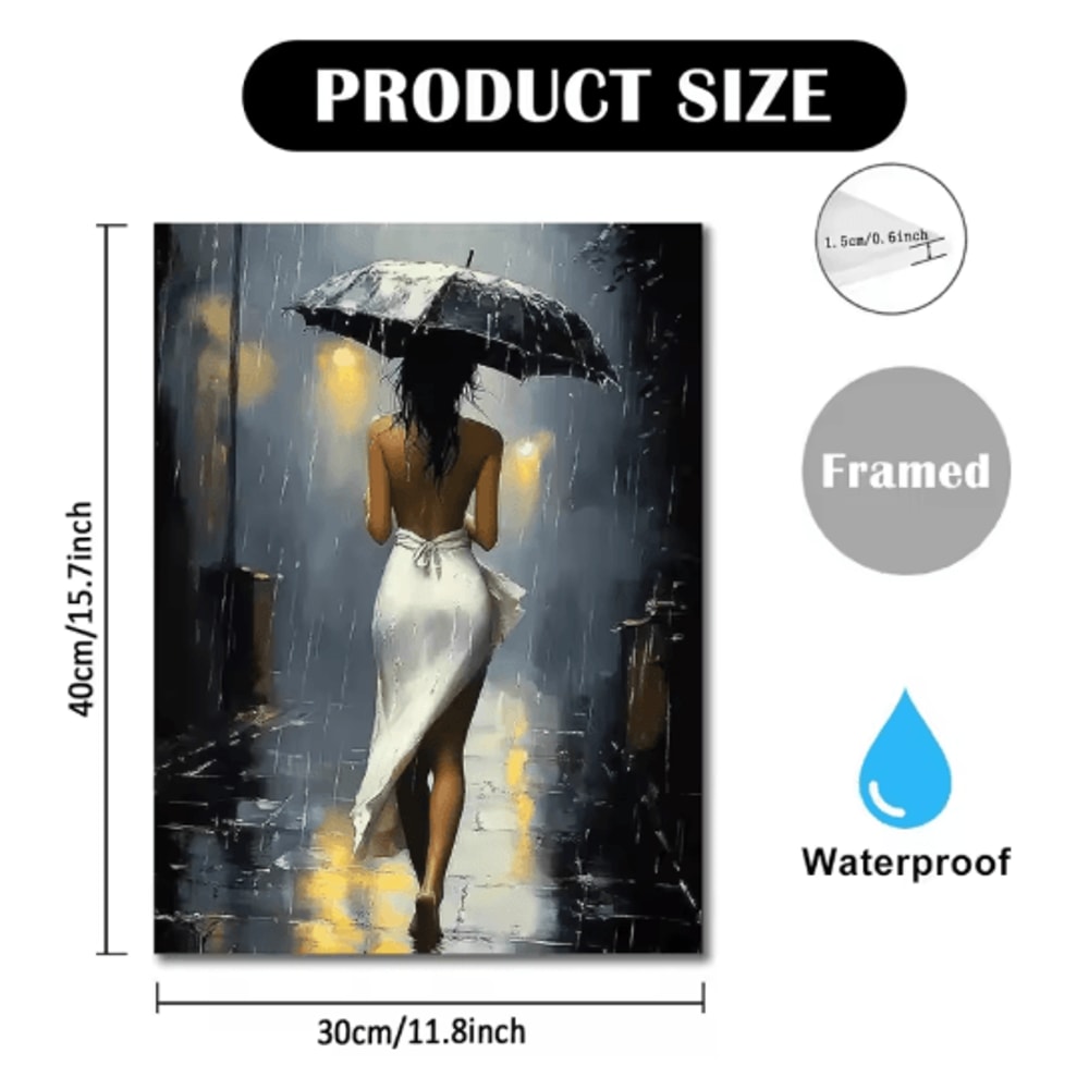 Elegant Romantic Rainy Night Canvas Wall Art Framed Umbrella Street Scene Decor 5