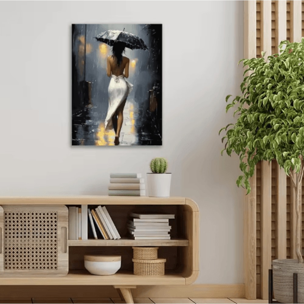 Elegant Romantic Rainy Night Canvas Wall Art Framed Umbrella Street Scene Decor 6
