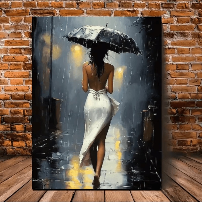 Elegant Romantic Rainy Night Canvas Wall Art Framed Umbrella Street Scene Decor 0