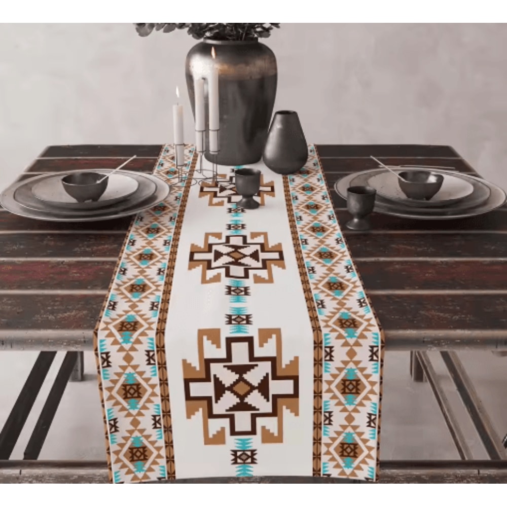 Aztec Boho Tribal Linen Table Runner Geometric Dining Table Decor 1