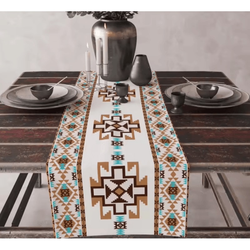 Aztec Boho Tribal Linen Table Runner Geometric Dining Table Decor 1