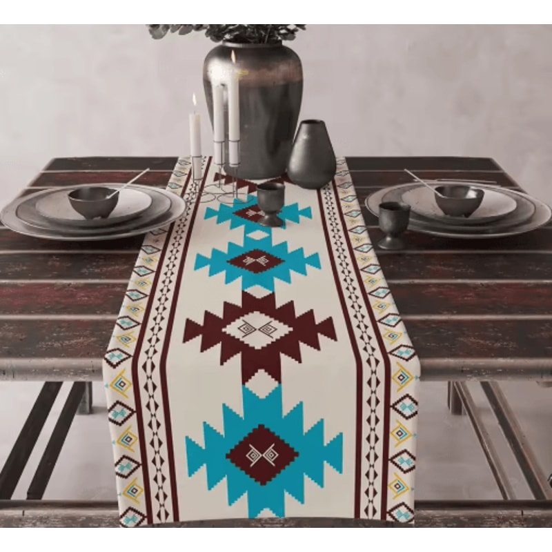 Aztec Boho Tribal Linen Table Runner Geometric Dining Table Decor 0