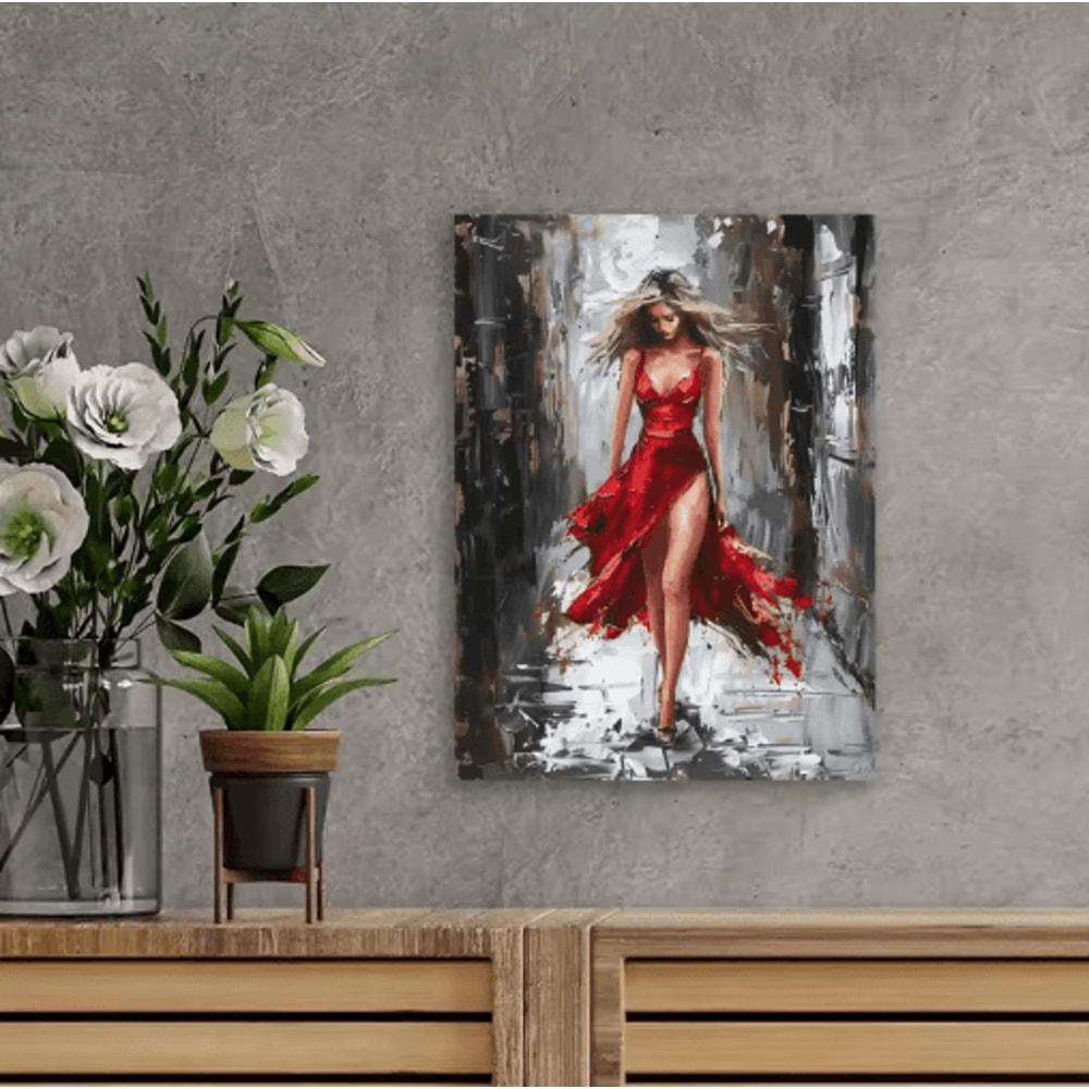 Elegant Woman In Red Dress Framed Canvas Oil Painting Vibrant Portrait Wall Art 2