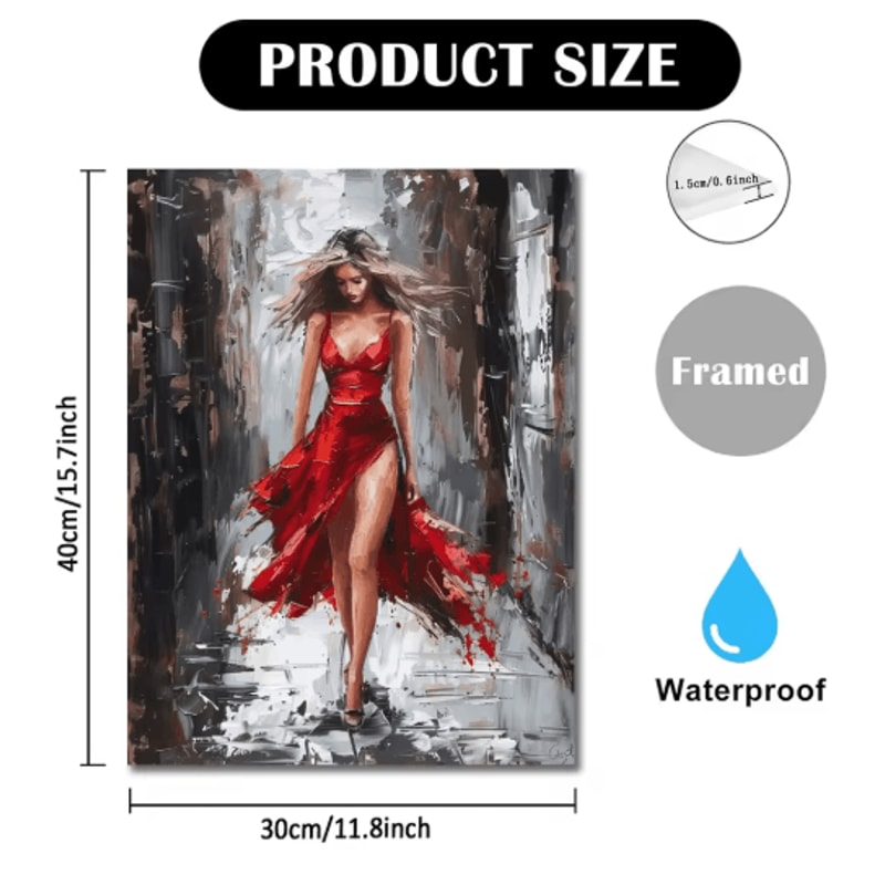 Elegant Woman In Red Dress Framed Canvas Oil Painting Vibrant Portrait Wall Art 4