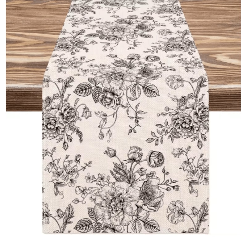 Chinoiserie Blue Floral Linen Table Runner Elegant Dining Holiday Table Decor 1