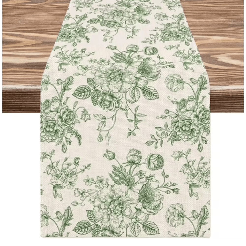 Chinoiserie Blue Floral Linen Table Runner Elegant Dining Holiday Table Decor 2