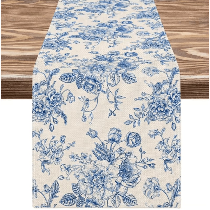 Chinoiserie Blue Floral Linen Table Runner Elegant Dining Holiday Table Decor 3