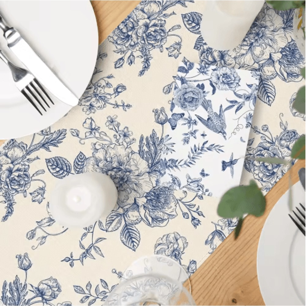 Chinoiserie Blue Floral Linen Table Runner Elegant Dining Holiday Table Decor 5