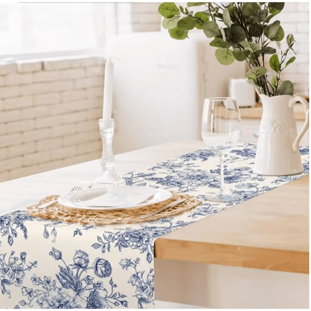 Chinoiserie Blue Floral Linen Table Runner Elegant Dining Holiday Table Decor 6