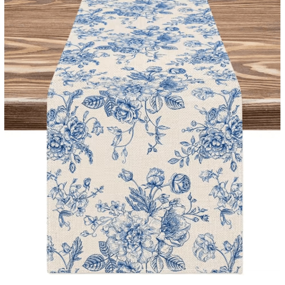Chinoiserie Blue Floral Linen Table Runner Elegant Dining Holiday Table Decor 0