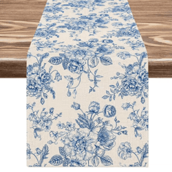 chinoiserie blue floral linen table runner elegant dining & holiday table decor