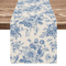 Chinoiserie Blue Floral Linen Table Runner Elegant Dining Holiday Table Decor 0