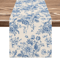 Chinoiserie Blue Floral Linen Table Runner Elegant Dining Holiday Table Decor 0