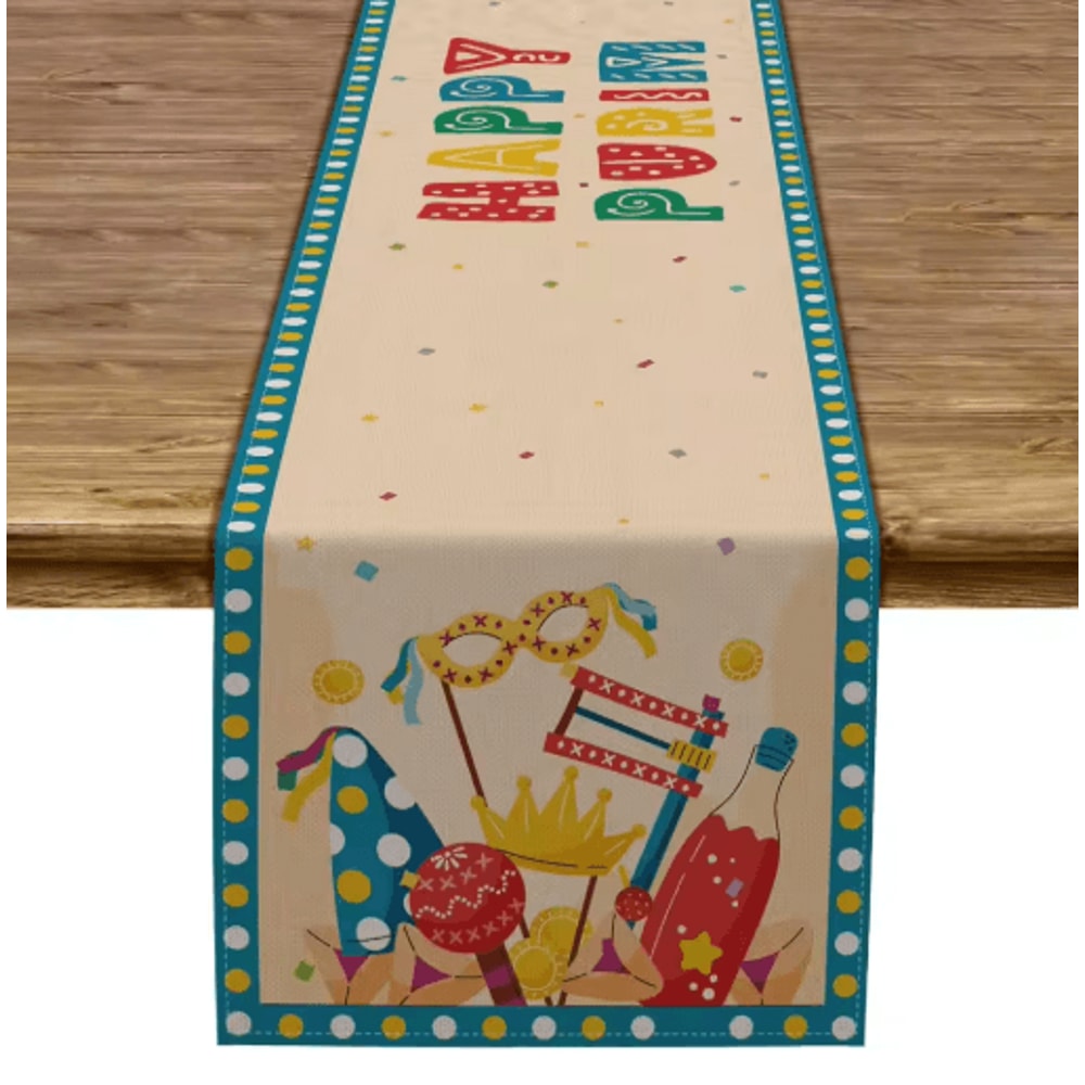 Happy Purim Linen Table Runner Festive Carnival Mask Crown Holiday Table Decor 1
