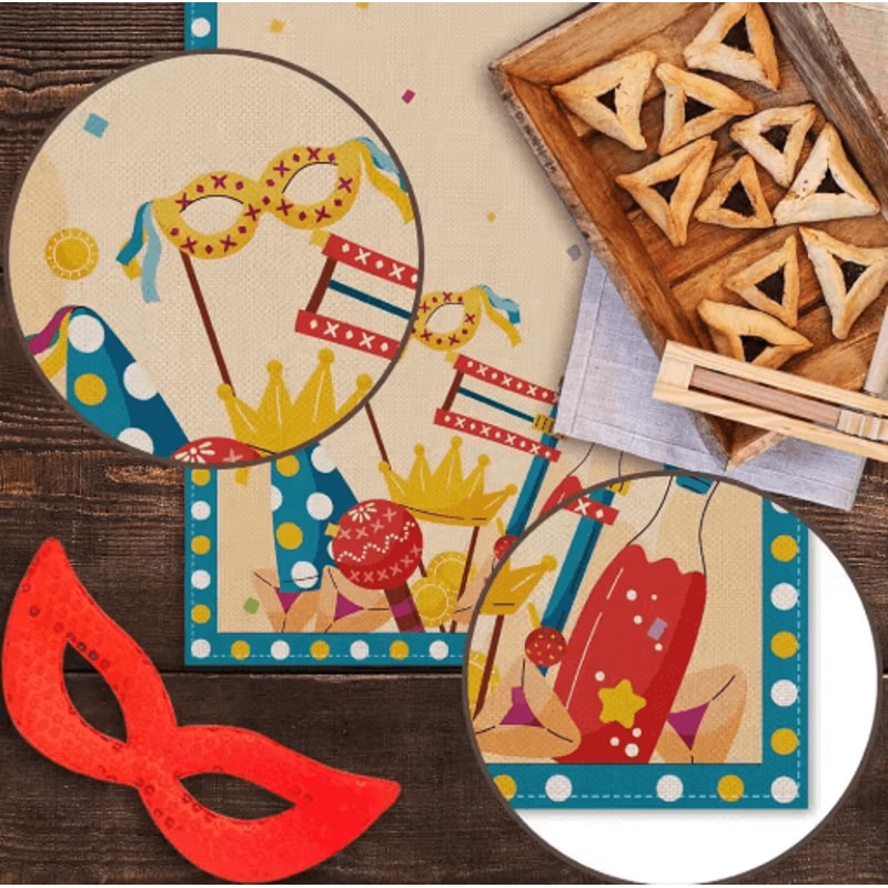 Happy Purim Linen Table Runner Festive Carnival Mask Crown Holiday Table Decor 2