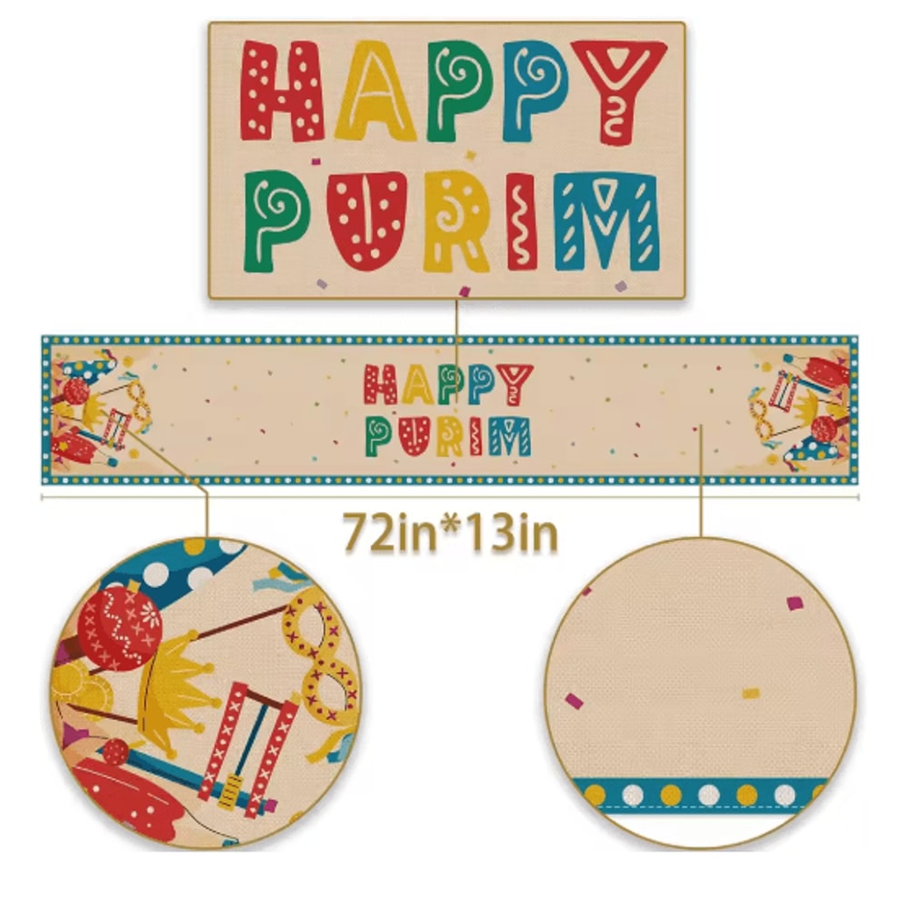 Happy Purim Linen Table Runner Festive Carnival Mask Crown Holiday Table Decor 3