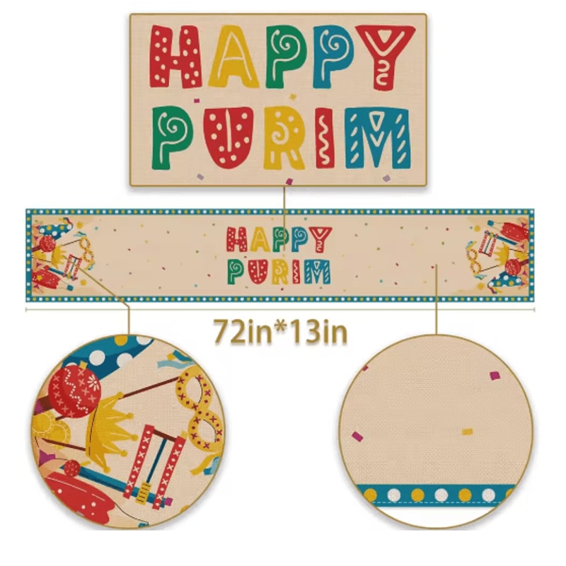 Happy Purim Linen Table Runner Festive Carnival Mask Crown Holiday Table Decor 3