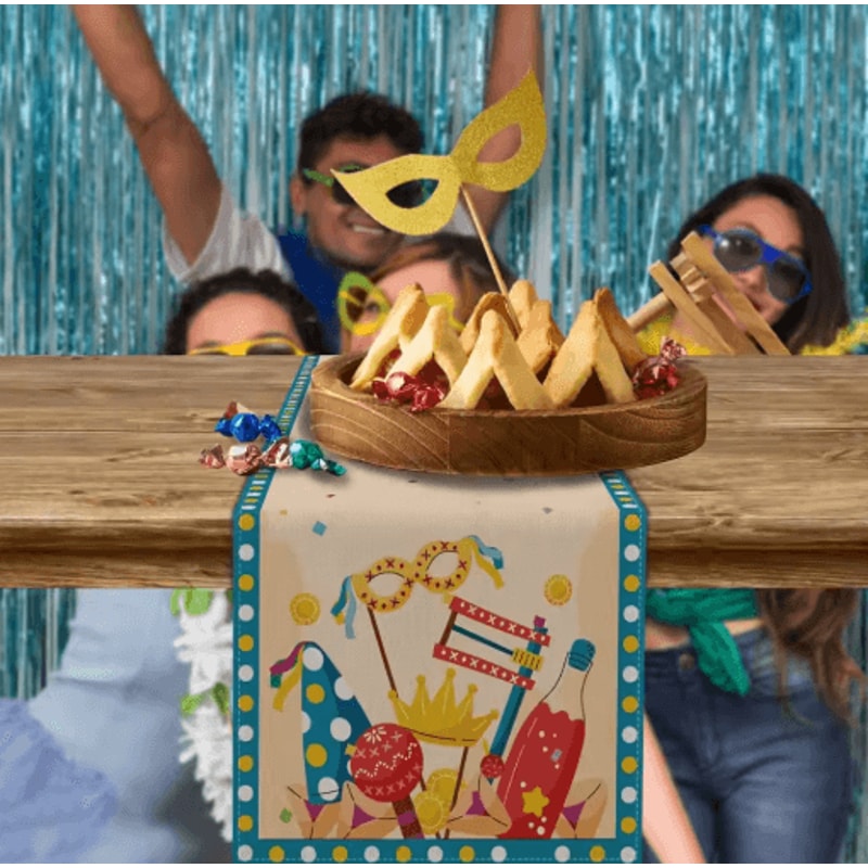 Happy Purim Linen Table Runner Festive Carnival Mask Crown Holiday Table Decor 4
