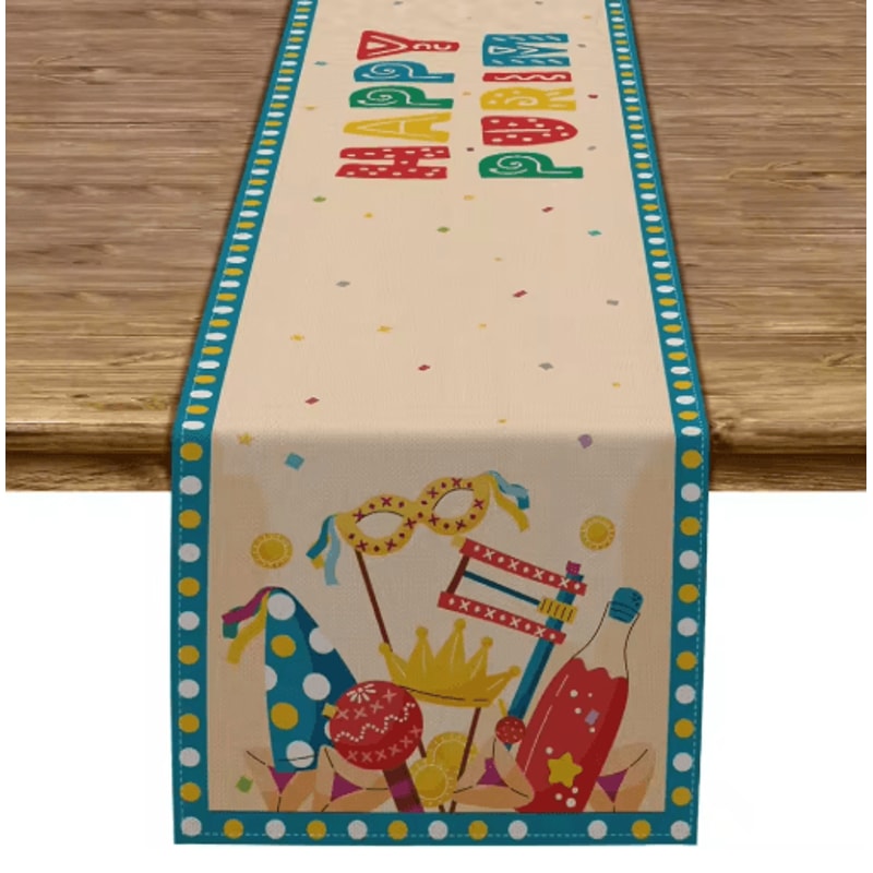 Happy Purim Linen Table Runner Festive Carnival Mask Crown Holiday Table Decor 0
