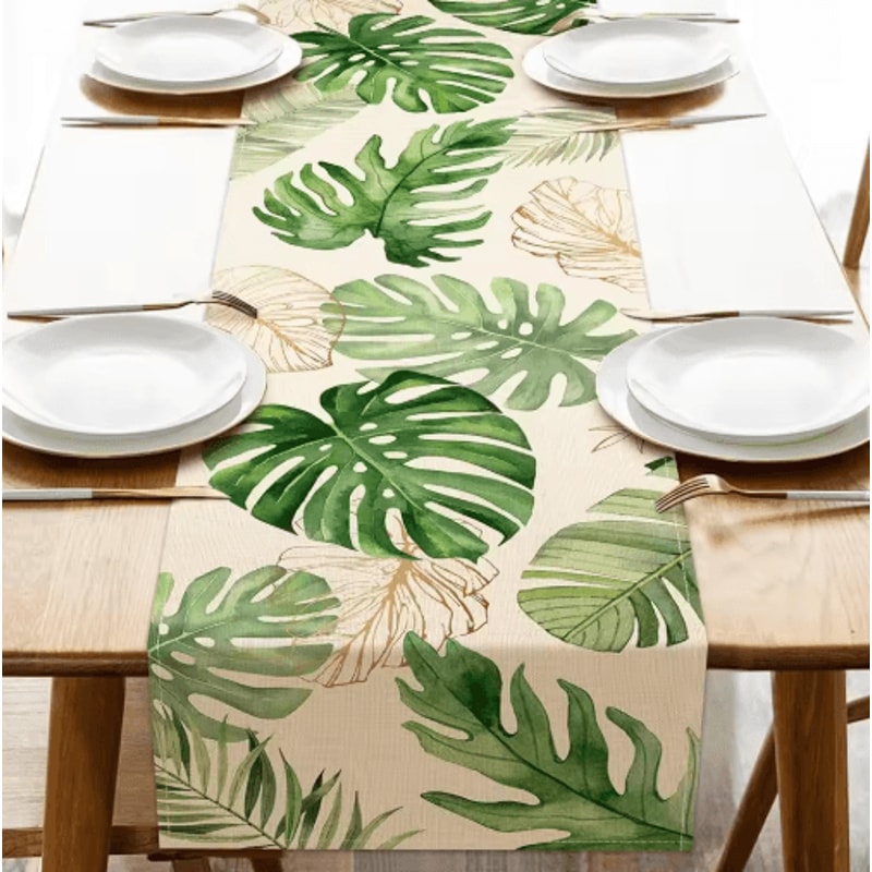Tropical Palm Leaf Linen Table Runner Fresh Summer Greenery Dining Party Decor 1