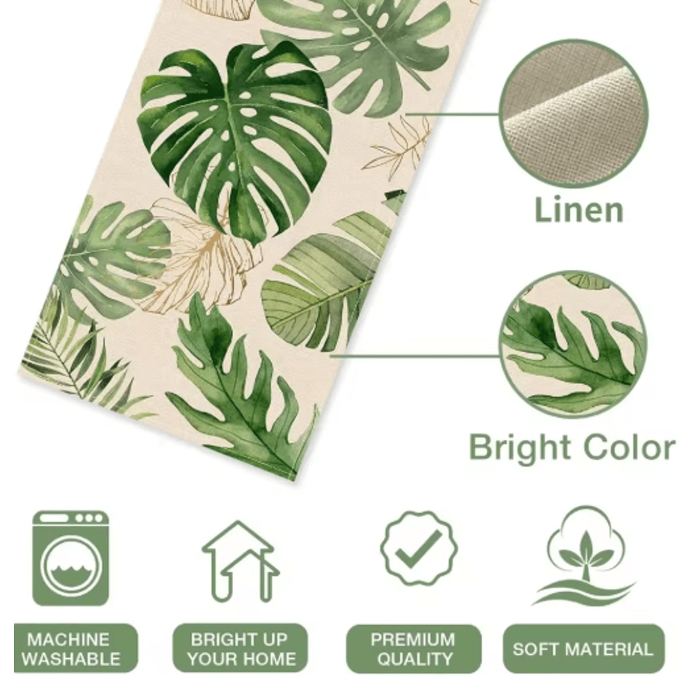 Tropical Palm Leaf Linen Table Runner Fresh Summer Greenery Dining Party Decor 2