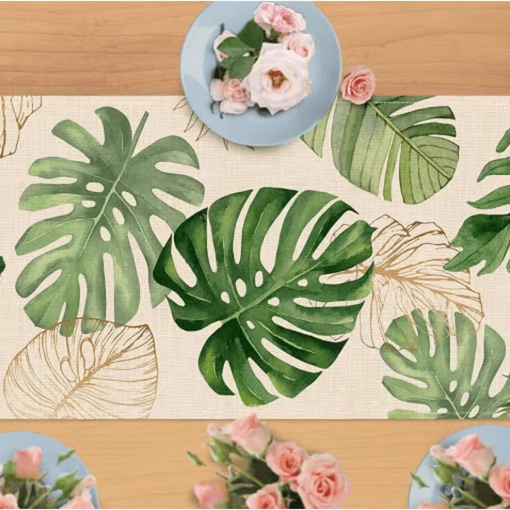 Tropical Palm Leaf Linen Table Runner Fresh Summer Greenery Dining Party Decor 3