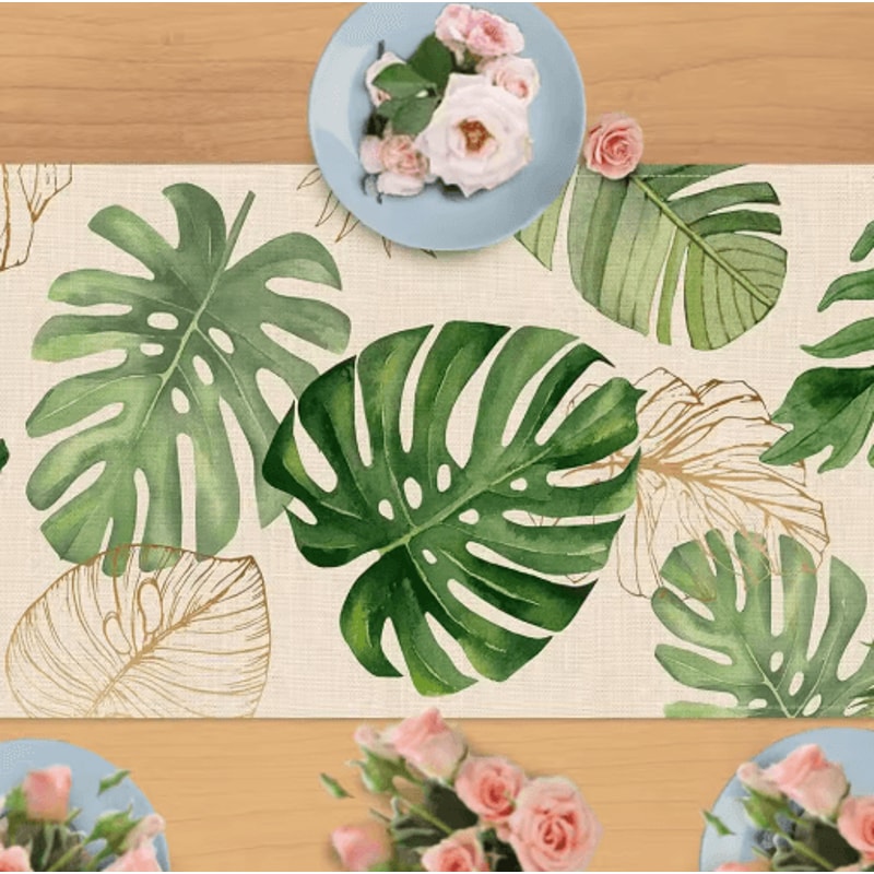 Tropical Palm Leaf Linen Table Runner Fresh Summer Greenery Dining Party Decor 3