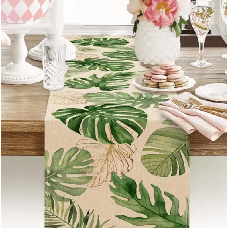 Tropical Palm Leaf Linen Table Runner Fresh Summer Greenery Dining Party Decor 4