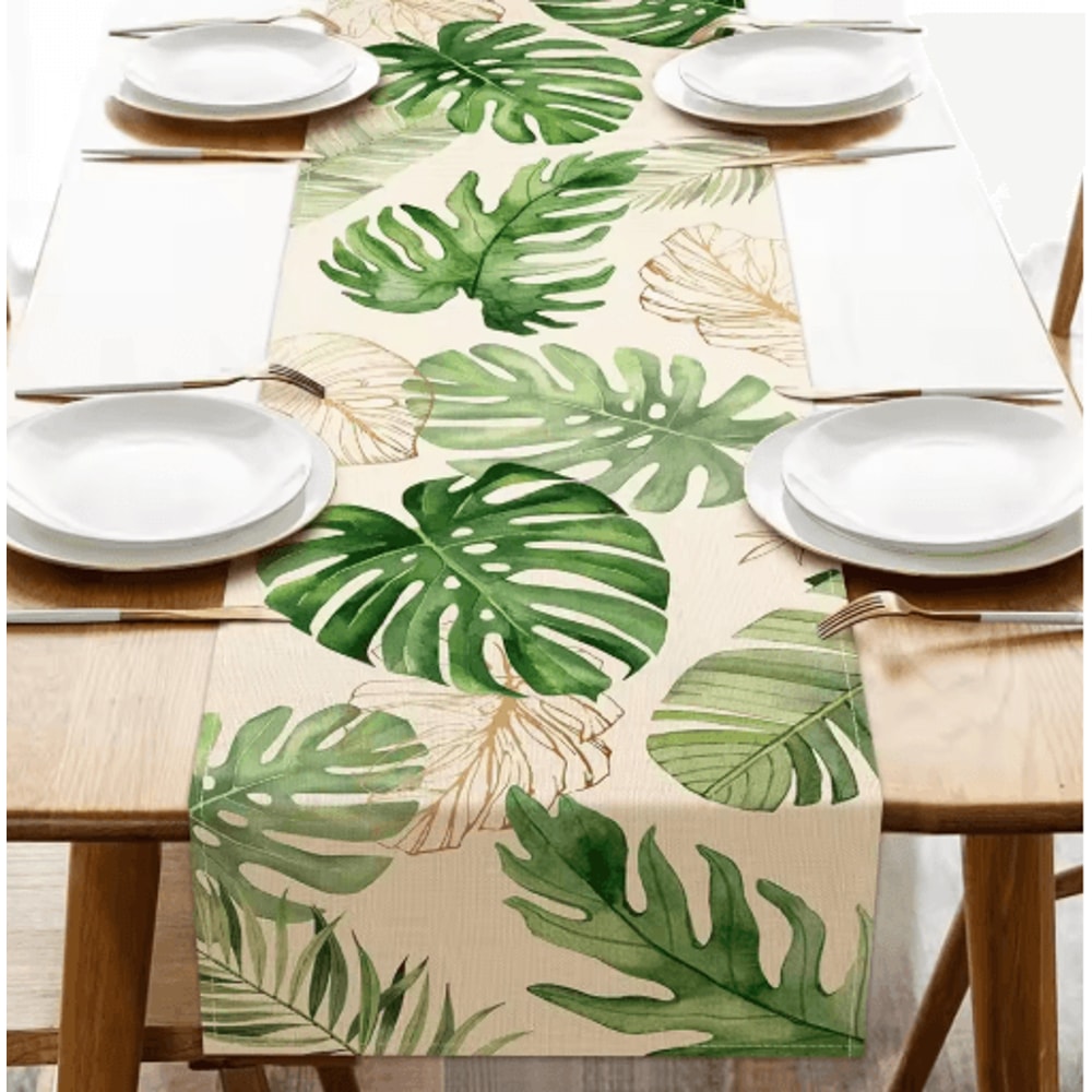 Tropical Palm Leaf Linen Table Runner Fresh Summer Greenery Dining Party Decor 0
