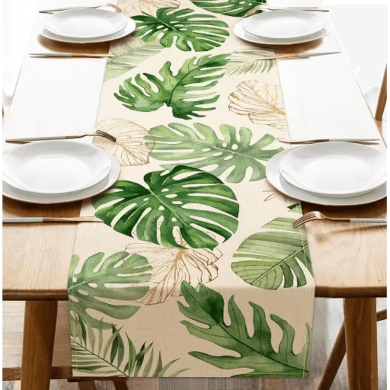 Tropical Palm Leaf Linen Table Runner Fresh Summer Greenery Dining Party Decor 0