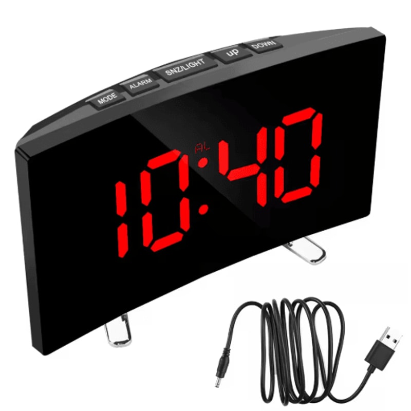 Curved LED Mirror Alarm Clock Modern Digital Alarm Clock With Dimmable Display 1