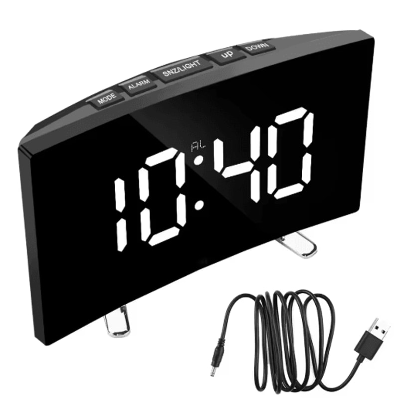 Curved LED Mirror Alarm Clock Modern Digital Alarm Clock With Dimmable Display 2