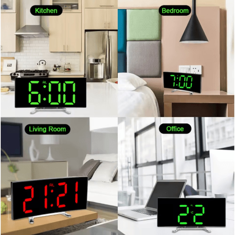 Curved LED Mirror Alarm Clock Modern Digital Alarm Clock With Dimmable Display 7