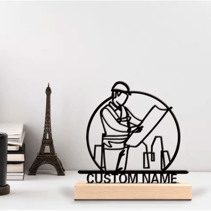 Personalized Architect Metal Sculpture Custom Architect Desk Decor With Wooden Base 5