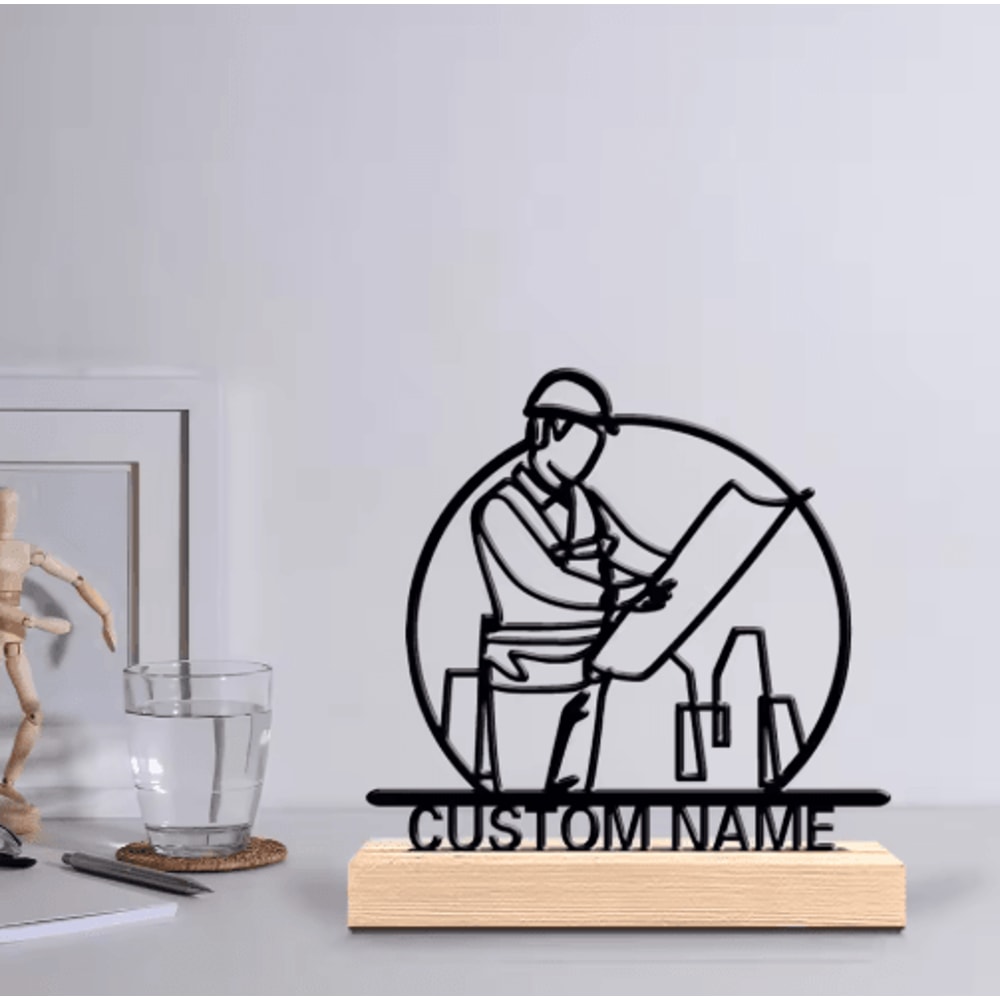 Personalized Architect Metal Sculpture Custom Architect Desk Decor With Wooden Base 0