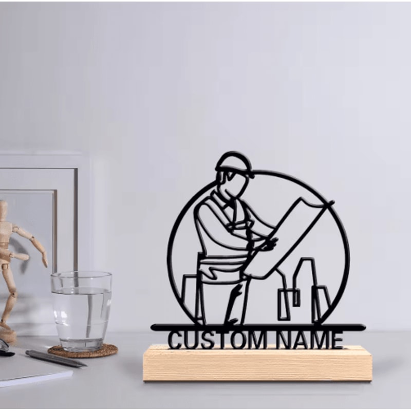 Personalized Architect Metal Sculpture Custom Architect Desk Decor With Wooden Base 0