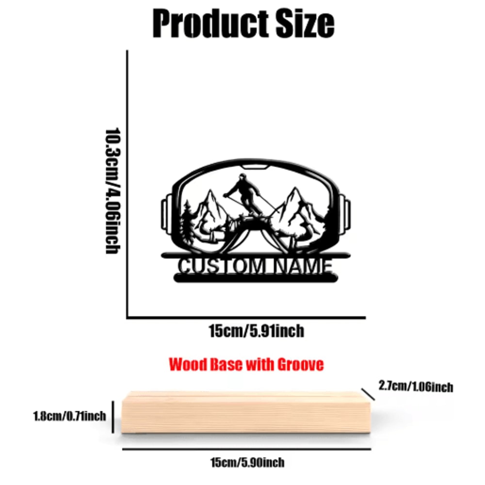 Personalized Ski Goggles Metal Sculpture Custom Skiing Desk Decor With Wooden Base 1