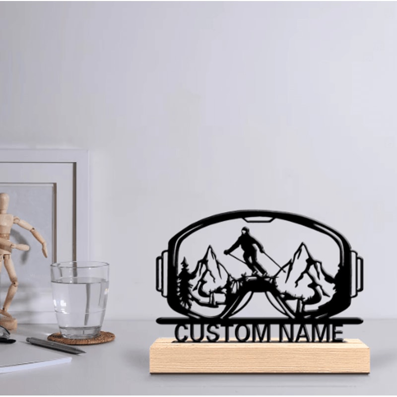 Personalized Ski Goggles Metal Sculpture Custom Skiing Desk Decor With Wooden Base 5