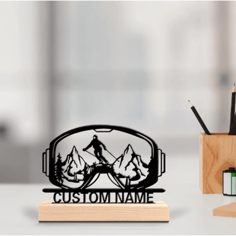 Personalized Ski Goggles Metal Sculpture Custom Skiing Desk Decor With Wooden Base 0