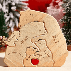custom family bear puzzle ornament – personalized family name bear decor with engraving